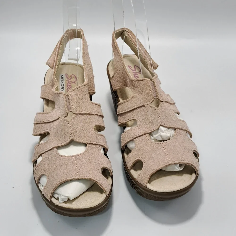 Skechers Parallel 41049 Womens 5.5 Light Pink Suede Memory Foam Wedge Sandals